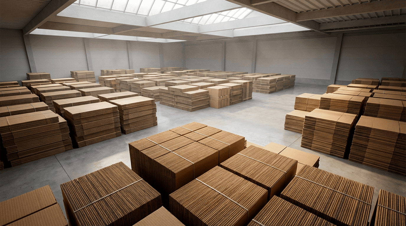 Hands wrapping a cardboard box with packing tape on a steel worktable
