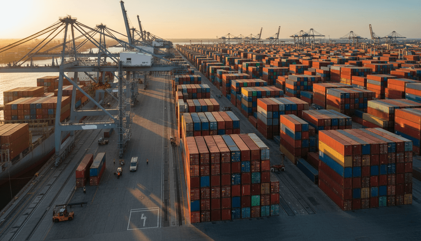A forklift moves pallets of imported goods at a busy shipping port terminal