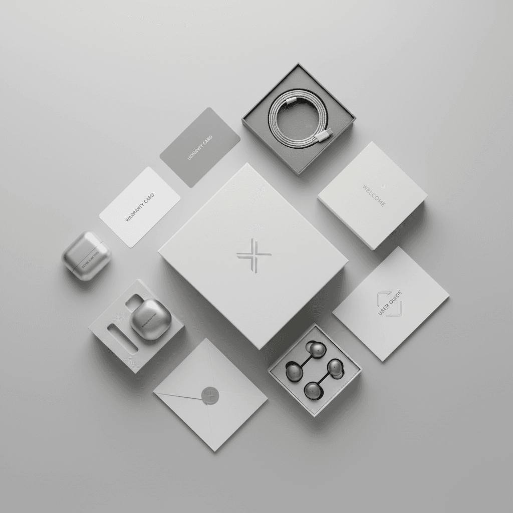 Premium product packaging components and accessories arranged in flat-lay composition with neutral background