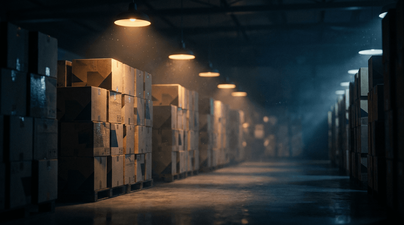 Row of pallets stacked with corrugated boxes in a warehouse