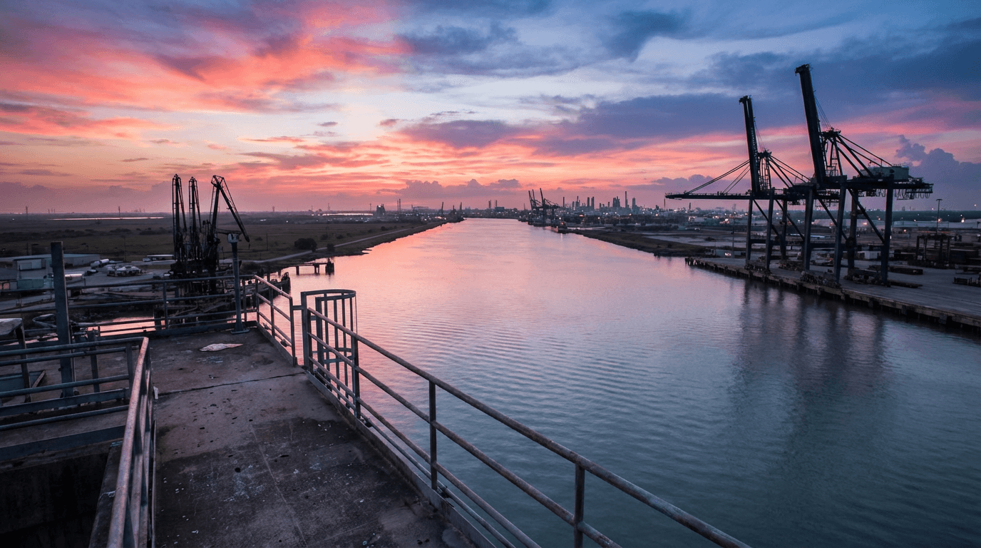 Houston shipping port and skyline at dusk viewed from a warehouse
