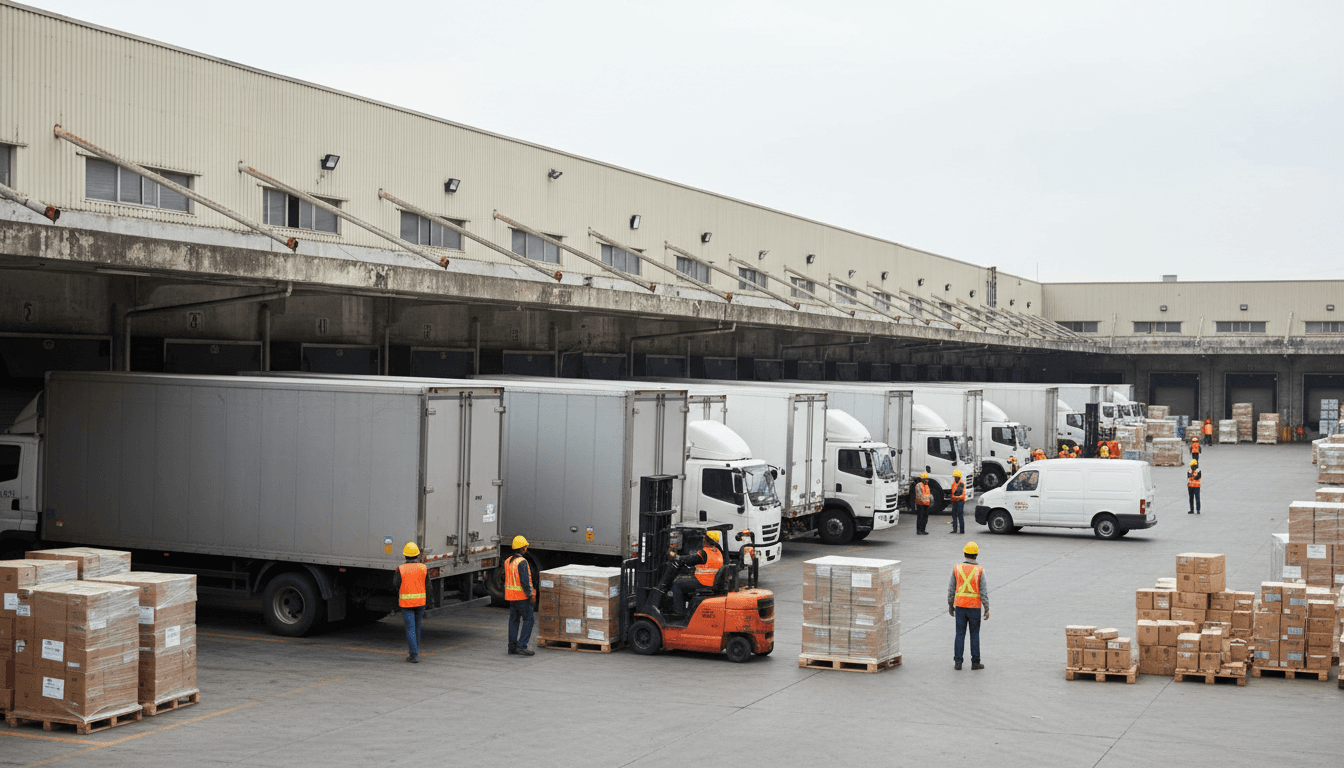 Delivery truck at a loading dock in the morning